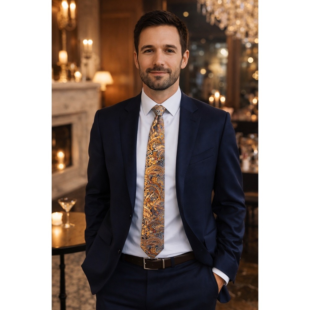 Dion Signature Mens Italian Silk Paisley Floral Orange Gold Blue Ornate Necktie